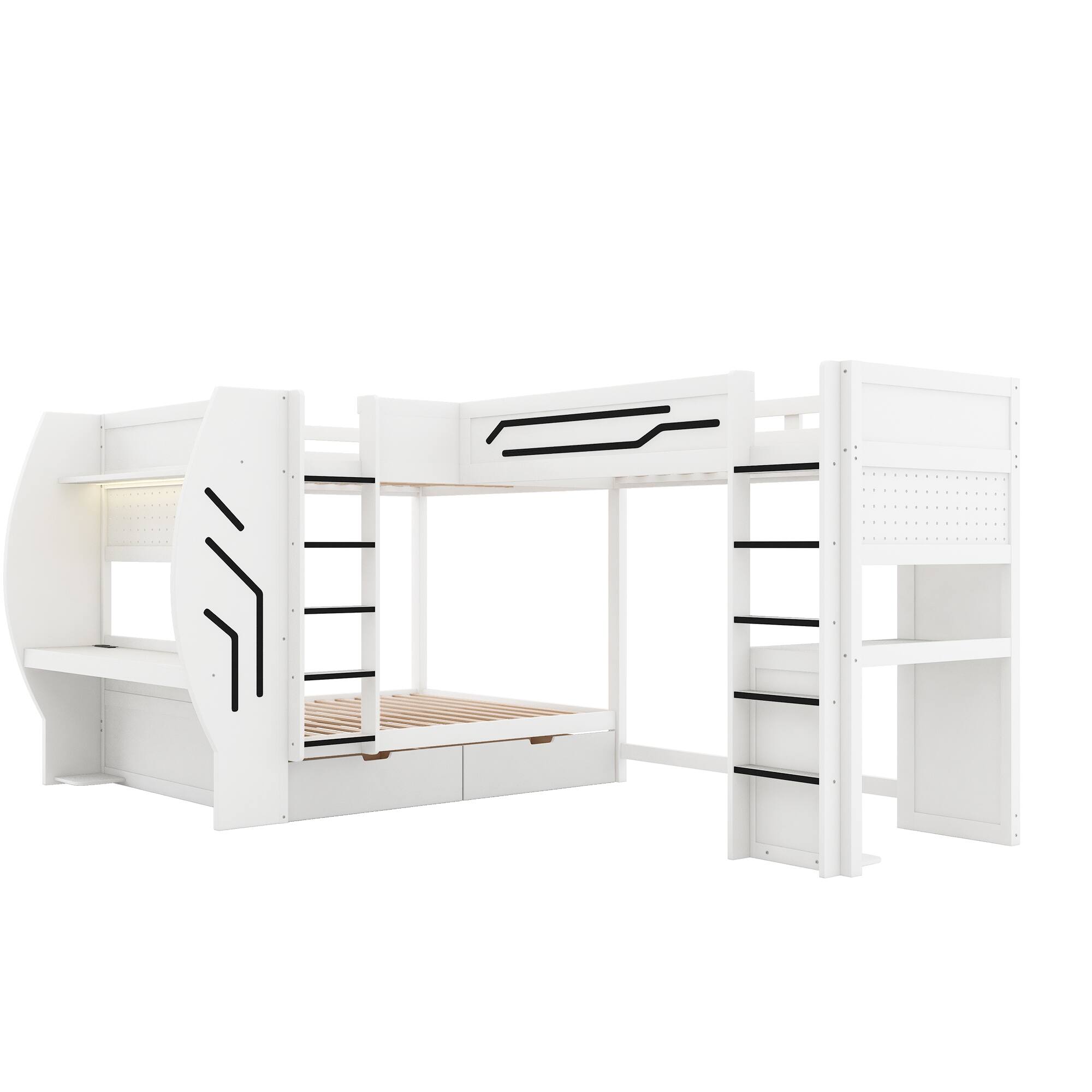 Angle. Whisen - L-Shaped Full and Twin Size Gaming Bunk Bed with Built-in Desks,Storage,Pegboard,LED Light and Charging Station - White.