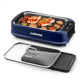 Cusimax - Smokeless Electric Portable Indoor Grill With 2 Non Stick Pan And 1 Griddle Plate For Home BBQ Parties Apt - Blue
