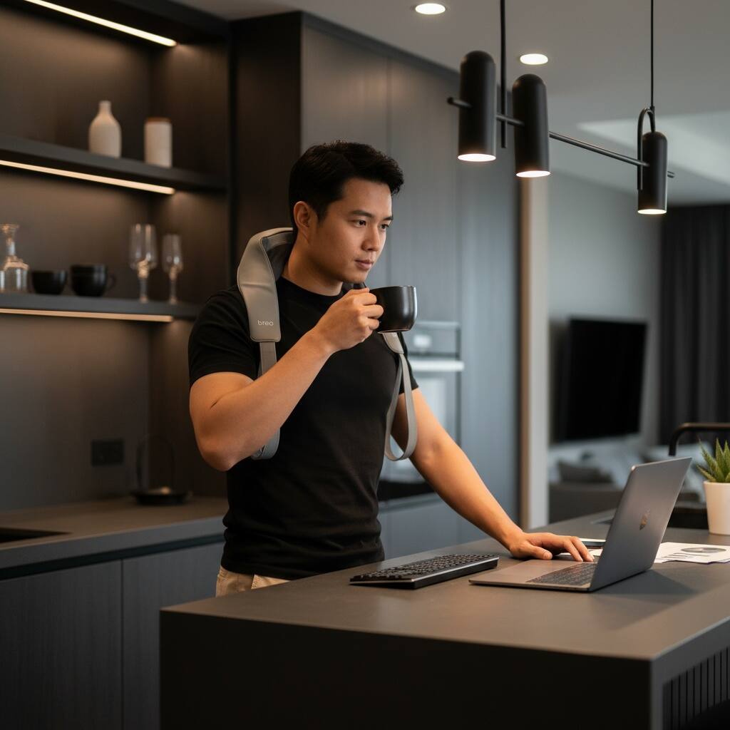 Angle. BREO - Neck Massager, Shoulder Opening Deep Tissue with Far-Infrared Heat, 6 Modes, APP & Voice Control, Lightweight, Full-Body - Grey.