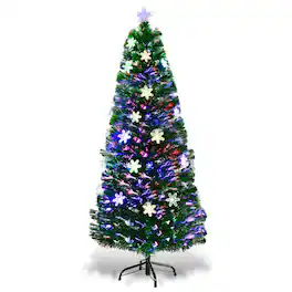 WELLFOR - 5 ft Prelit Fiber‑Optic Artificial Christmas Tree with Multicolor Lights& Snowflake‑Star Ornaments for Xmas Small‑Space - Green