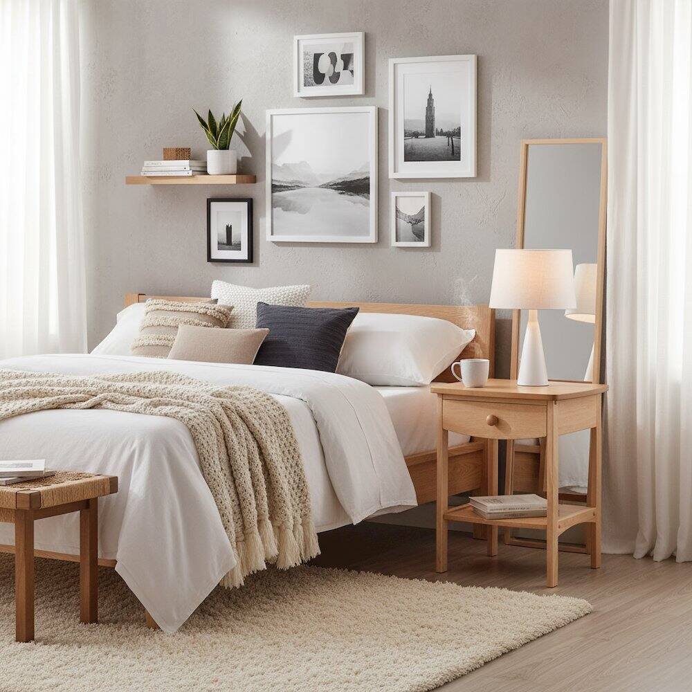 Alt View 4. FurniFact - Mid Century Nightstand In Solid Wood Natural Finish With Drawer And Shelf - Natural.