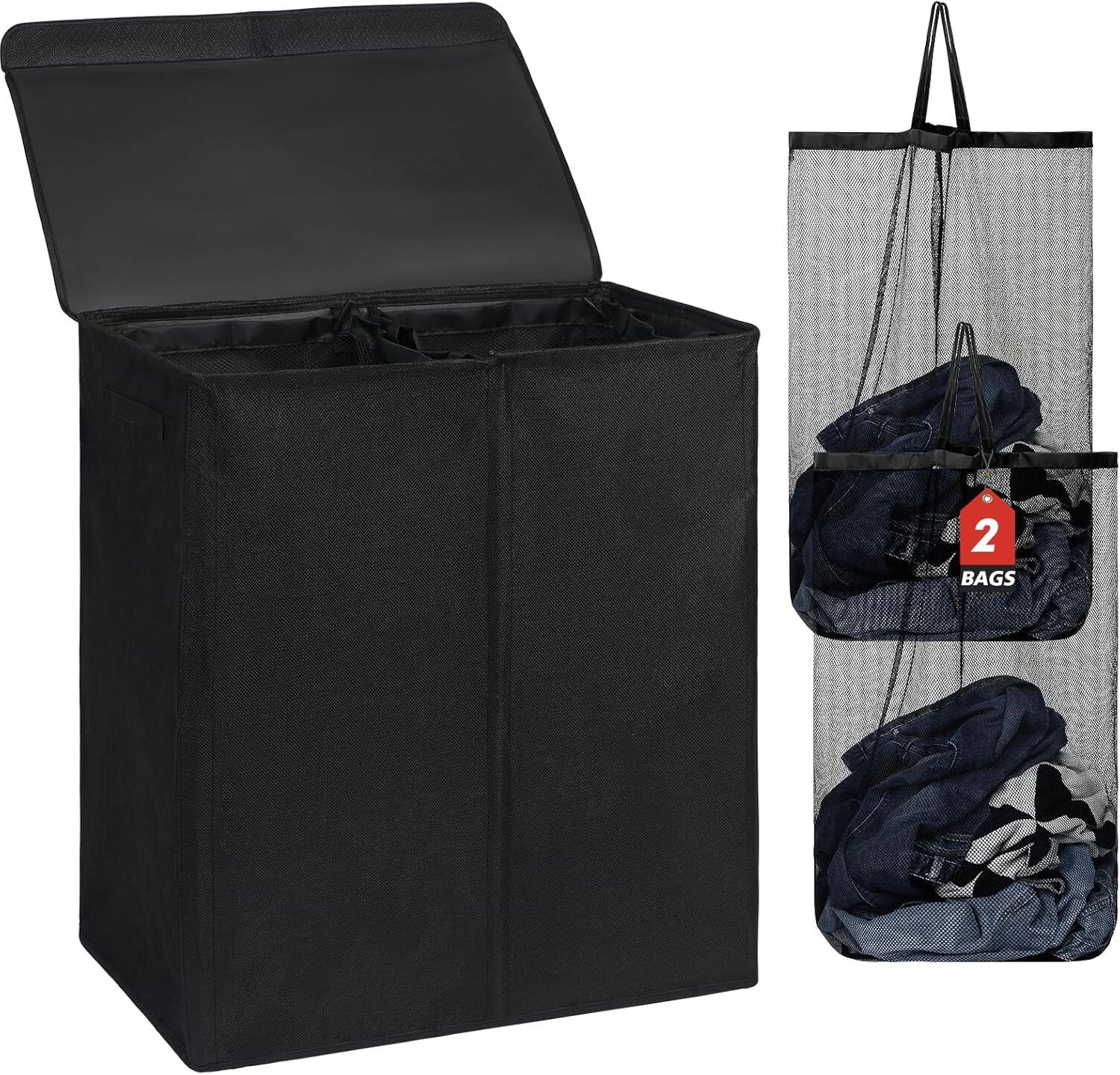 Front. Vulpecula Spade - Double Laundry Basket with Lid and Removable Laundry Bags - Black.