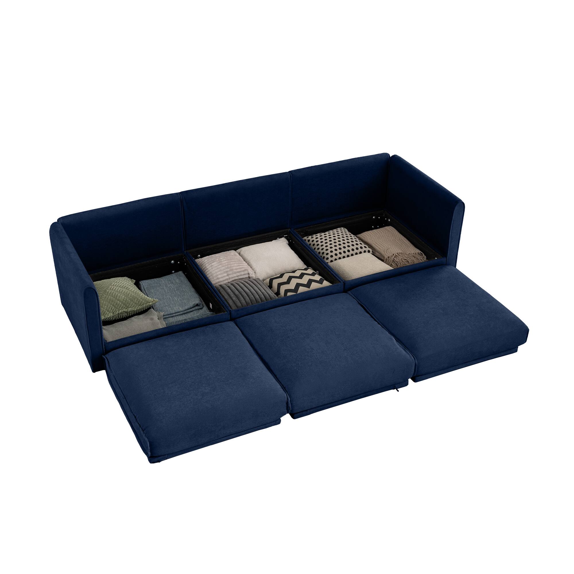 Left. Anysun - Chenille 3-Seater Sofa with Hidden Storage - Cylindrical Backrest & Armrests, Contemporary Design. - Blue.