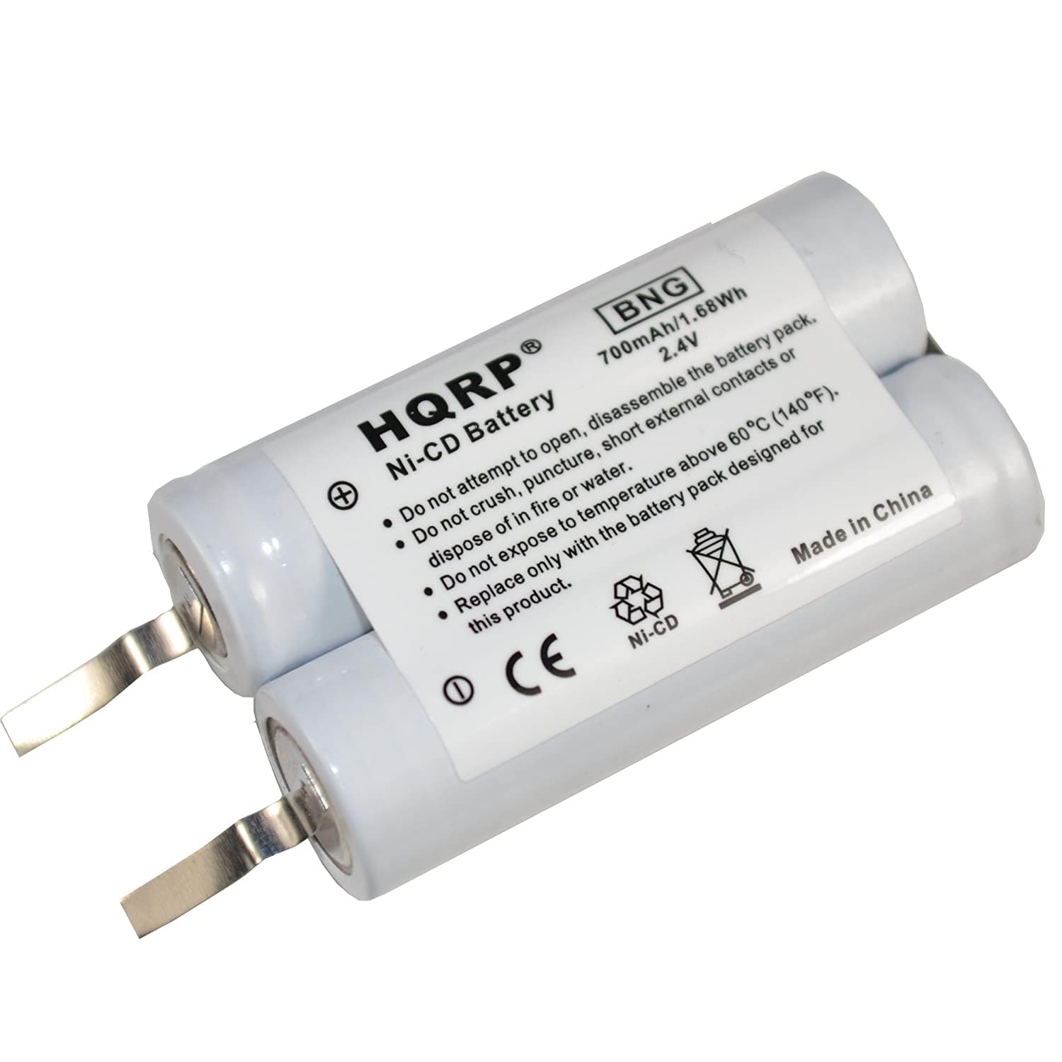 BNG 68Wh 700mAh/1 pack. 2.4V battery or the contacts HQRP Ni-CD Battery to open, disassemble short external above designed 60C 60 (140F). for + attempt puncture, or temperature water. pack Do not crush, fire battery China not of in to in Do the dispose not expose only with Made Do Replace product. this Ni-CD I CE

Corrected text:

BNG 68Wh 700mAh/1 pack. 2.4V battery. HQRP Ni-CD Battery. Do not attempt to open, disassemble, puncture, short external contacts or expose to fire or water. Do not crush, dispose in water. Do not expose to temperature above 60°C (140°F). Replace only with the battery pack designed for this product. Made in China.