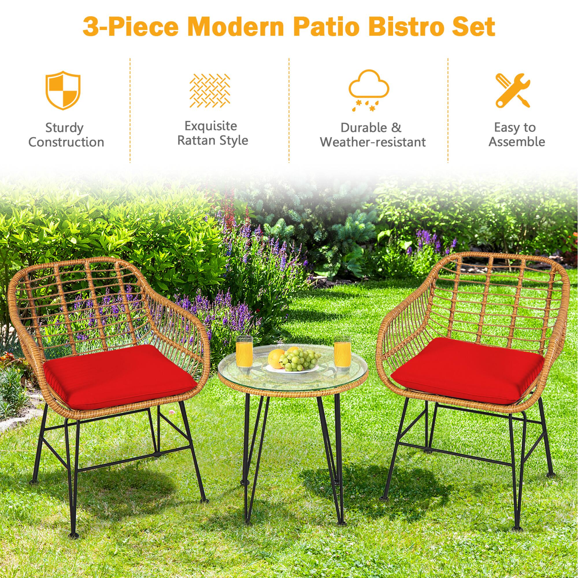 3-Piece Modern Patio Bistro Set

- Sturdy Construction
- Exquisite Rattan Style
- Durable & Weather-resistant
- Easy to Assemble