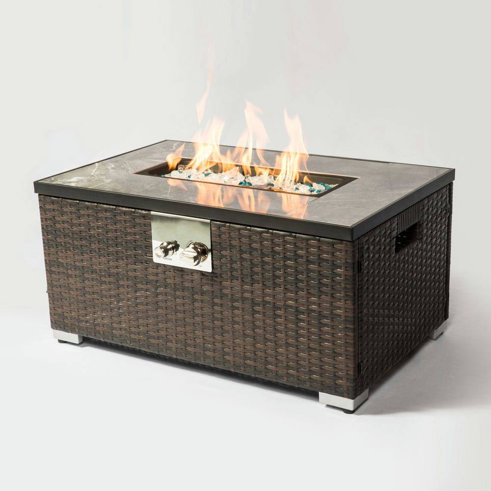 Alt View 1. Resenkos - 32" Propane Gas Fire Pit Table, 50000 BTU Rectangular Fire Pit, Tile Tabletop with Beautiful Wicker Base.