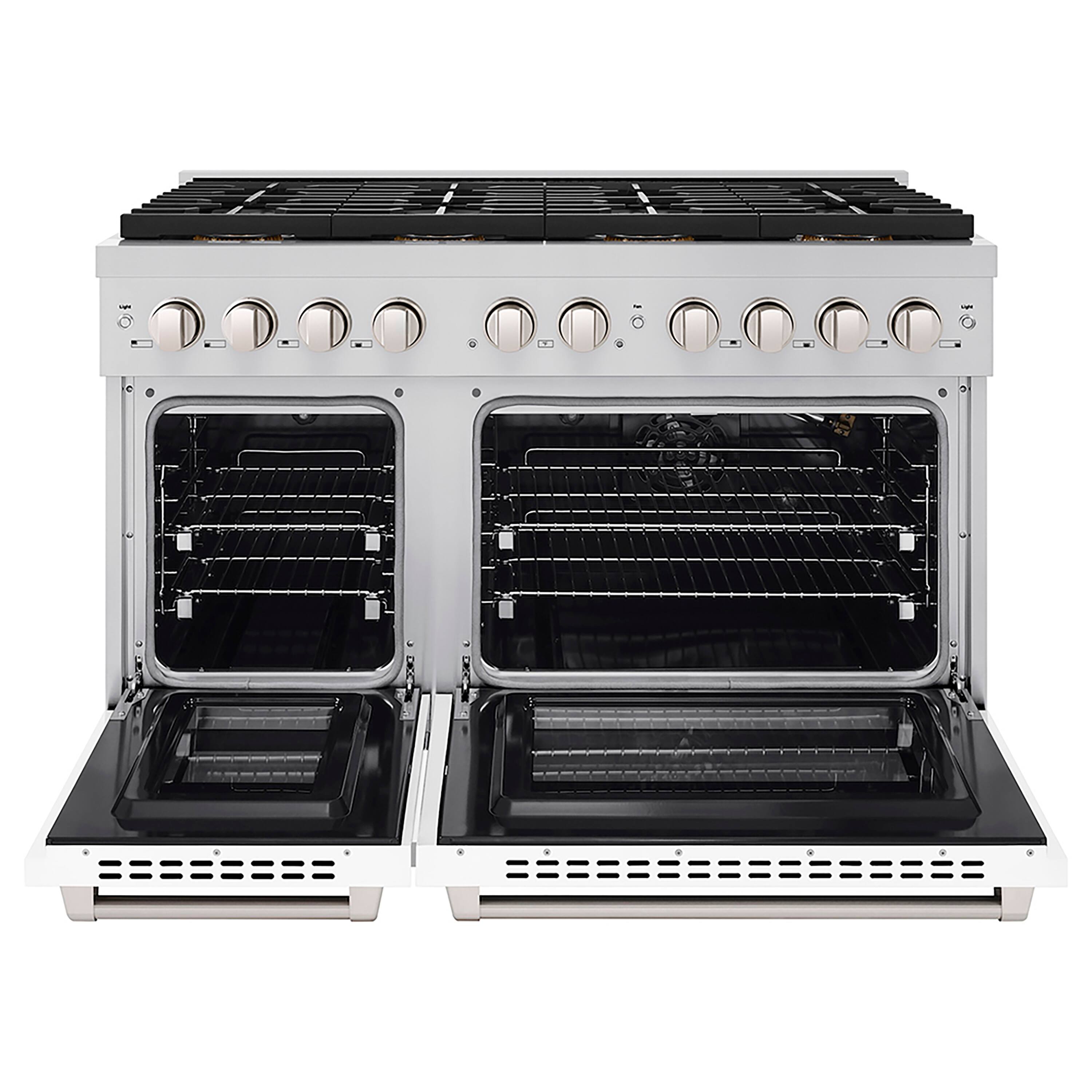 Angle. ZLINE - ZLINE 48 in. Paramount Gas Range with 8 Burner DuoPro Cooktop and Dual Ovens with White Matte Doors (PSGR-WM-48) - Stainless Steel with White Matte Door.