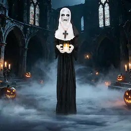 Costway - 5.3 FT Freestanding Life-Size Sister with Light up Candle, Spooky Hunted House Prop - White + Black
