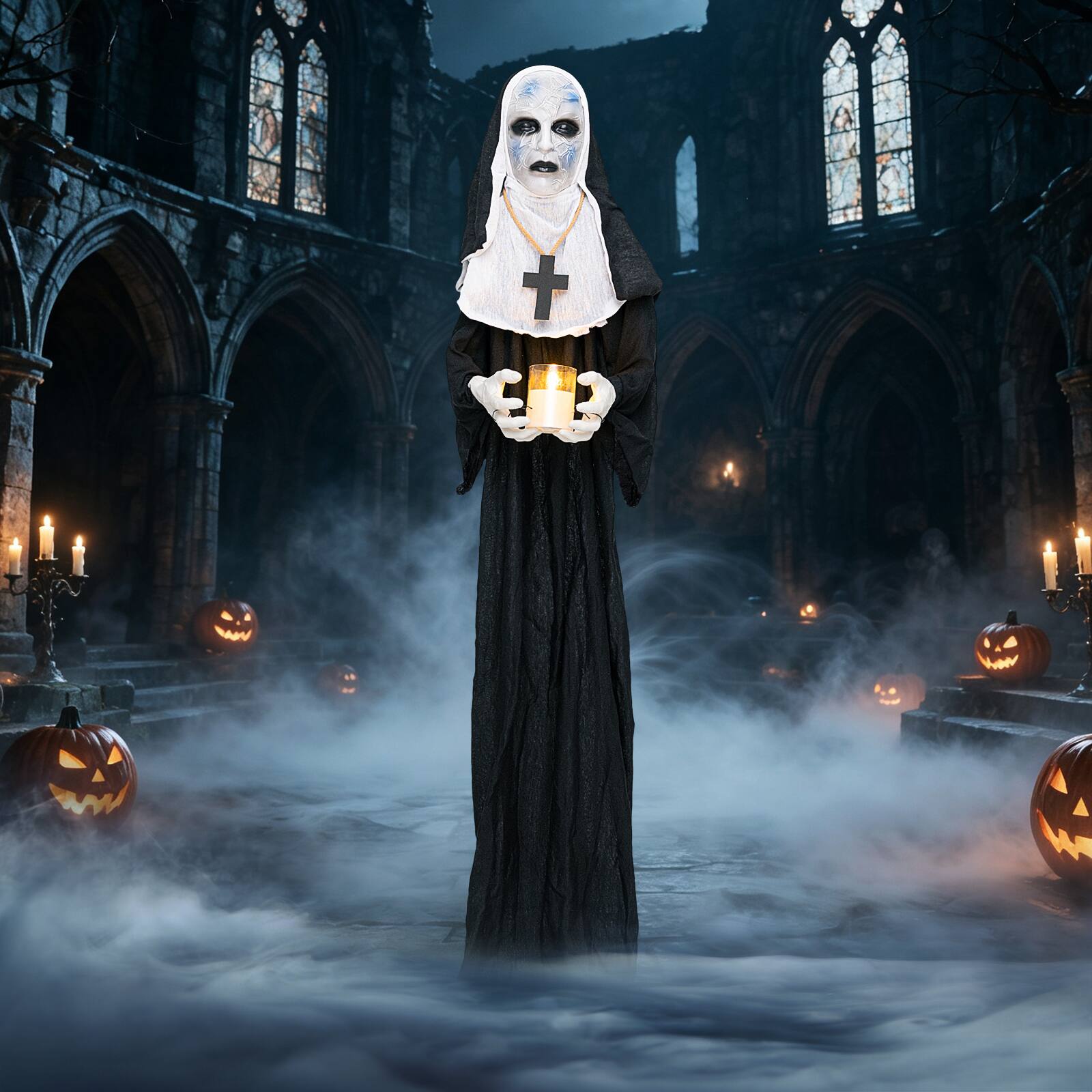 Front. Costway - Costway 5.3 FT Freestanding Life-Size Sister with Light up Candle, Spooky Hunted House Prop - White + Black.