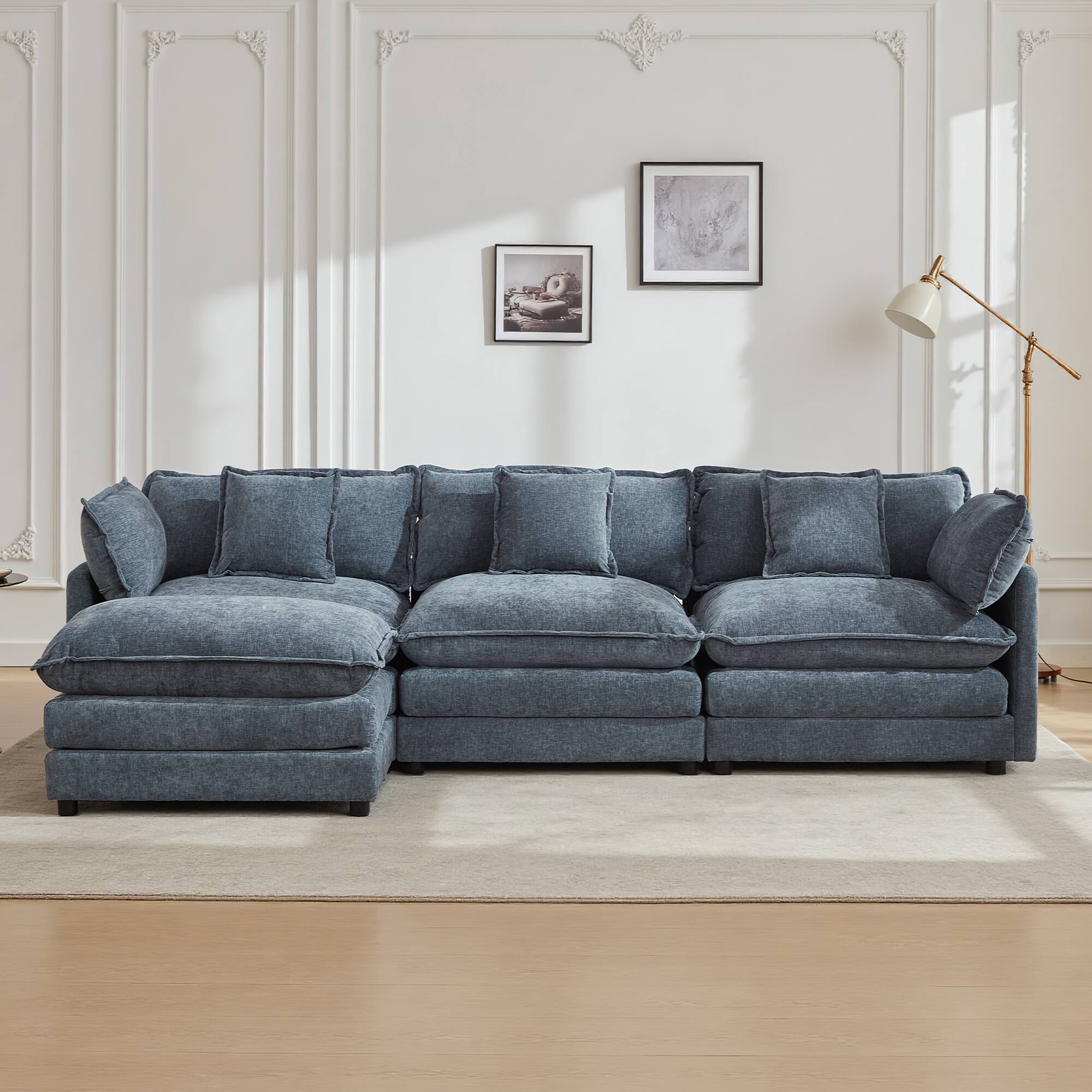 KERDOM - Modular Sleeper Sofa Bed Chaise Longue Anti-Cat Scratch Chenille Cloth, 3 Seat Convertible Sectional L Shaped Sofa Couch - Blue + 1 Ottoman