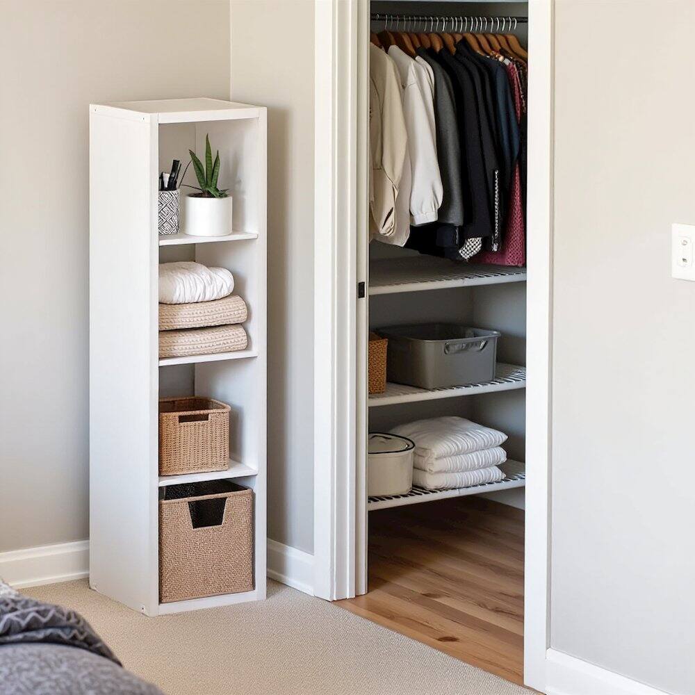 Angle. FurniFact - White Wood 4 Cube Storage Organizer with Open Back Vertical Cube Storage - White.