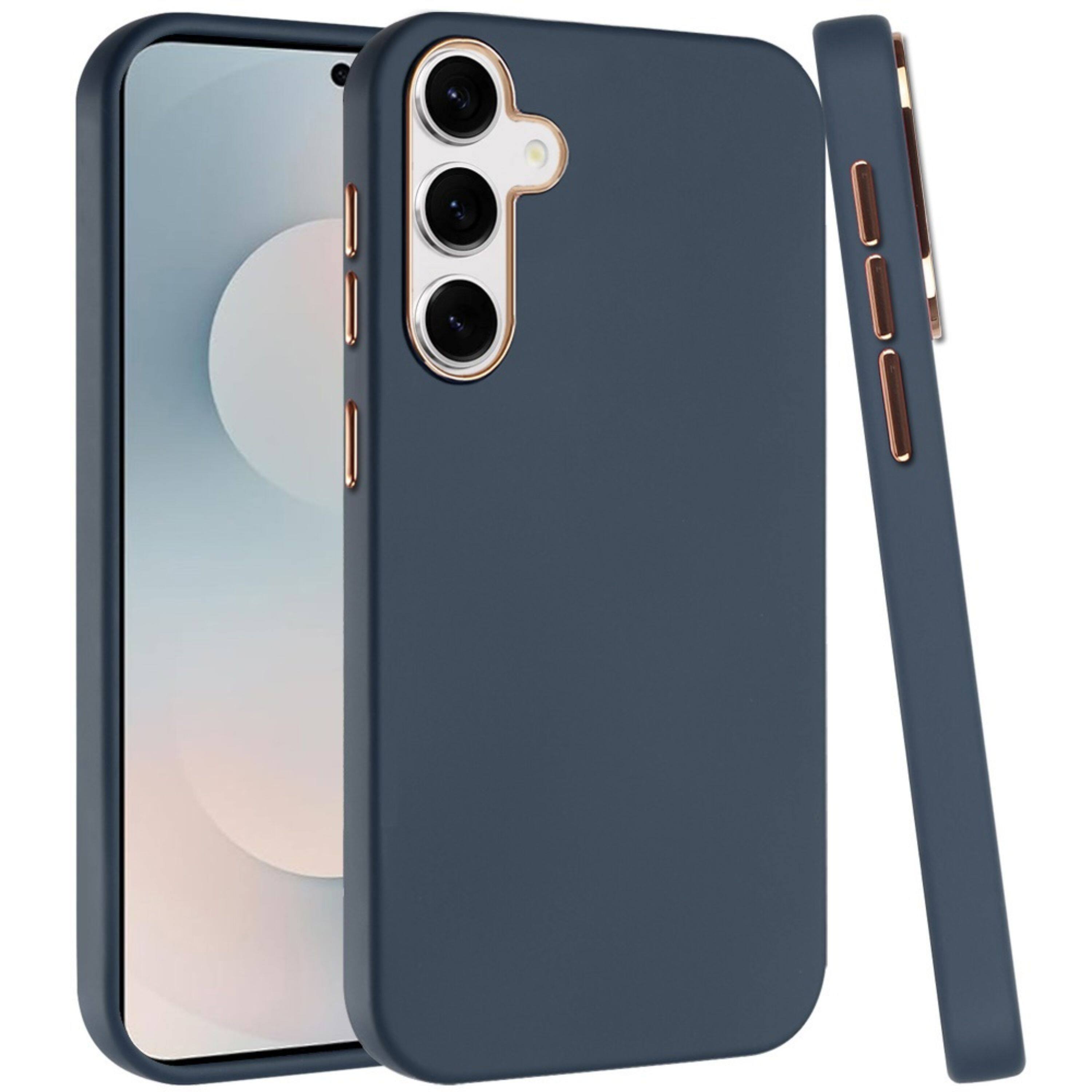Angle. Kitcheniva - Premium Soft Chrome Button Case With Tempered Glass For Samsung S26 Plus Dark Blue - Dark Blue.