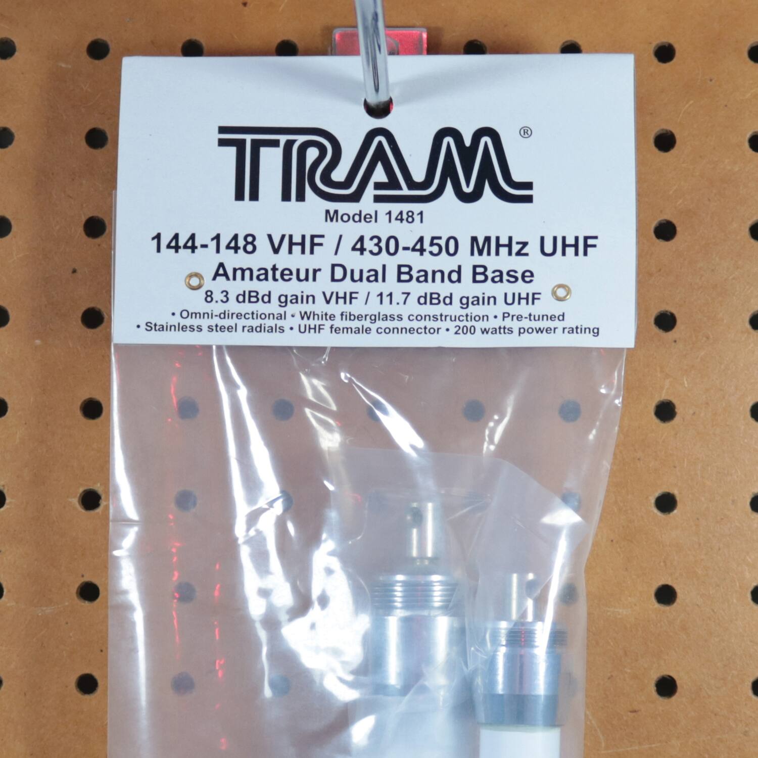 TRAM  
Model 1481  

144-148 VHF / 430-450 MHz UHF  
Amateur Dual Band Base  

8.3 dBd gain VHF / 11.7 dBd gain UHF  
- Omni-directional  
- White fiberglass construction  
- Stainless steel radials  
- UHF female connector  
- 200 watts power rating  

Pre-tuned