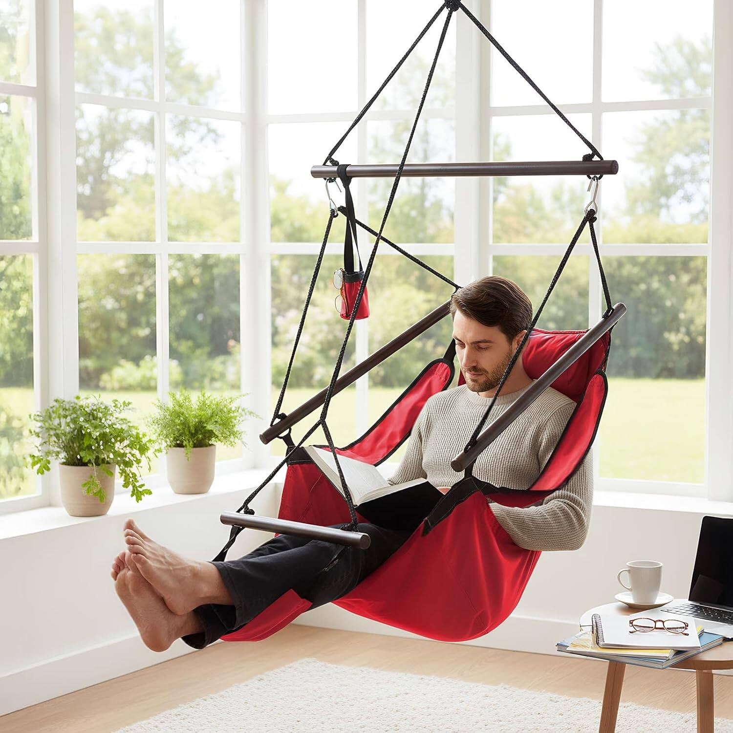 Alt View 7. Winado - 5FT Hammock Hanging Sky Chair, Air Deluxe Swing Seat with Cup Holder, Wooden Stick, Chain for Indoor Outdoor Garden - Red.