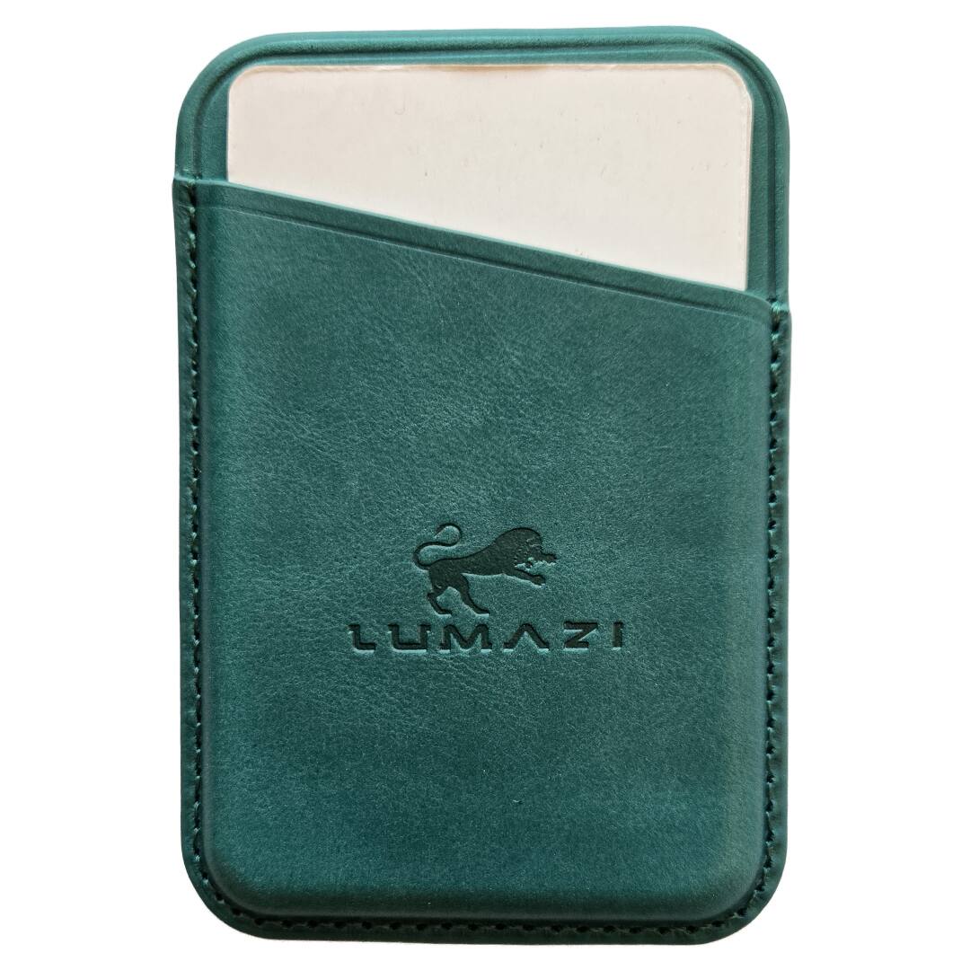 Angle. LUMAZI - Full Grain Leather MagSafe Wallet - Pharaonic Turquoise.