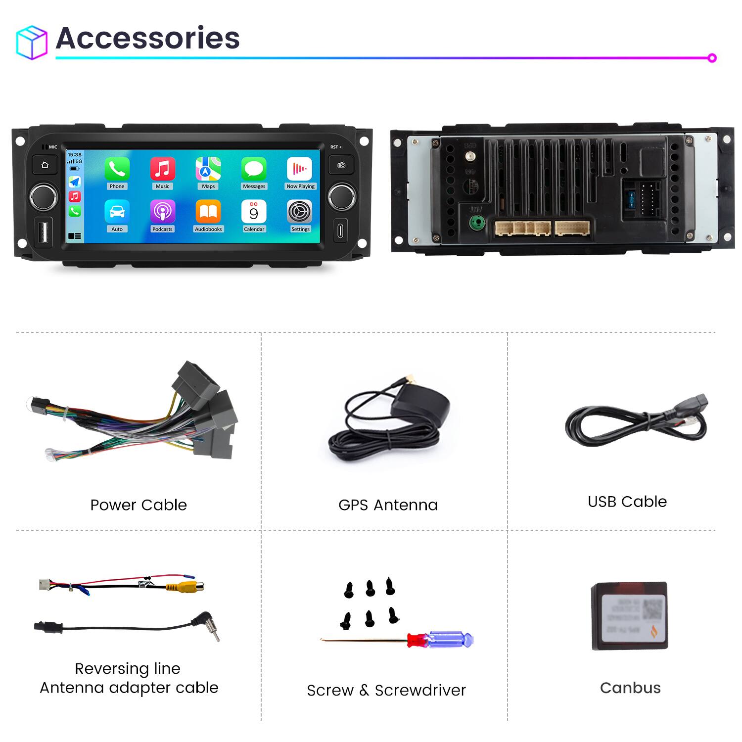 Accessories

- Power Cable
- GPS Antenna
- USB Cable
- Reversing line Antenna adapter cable
- Screw & Screwdriver
- Canbus