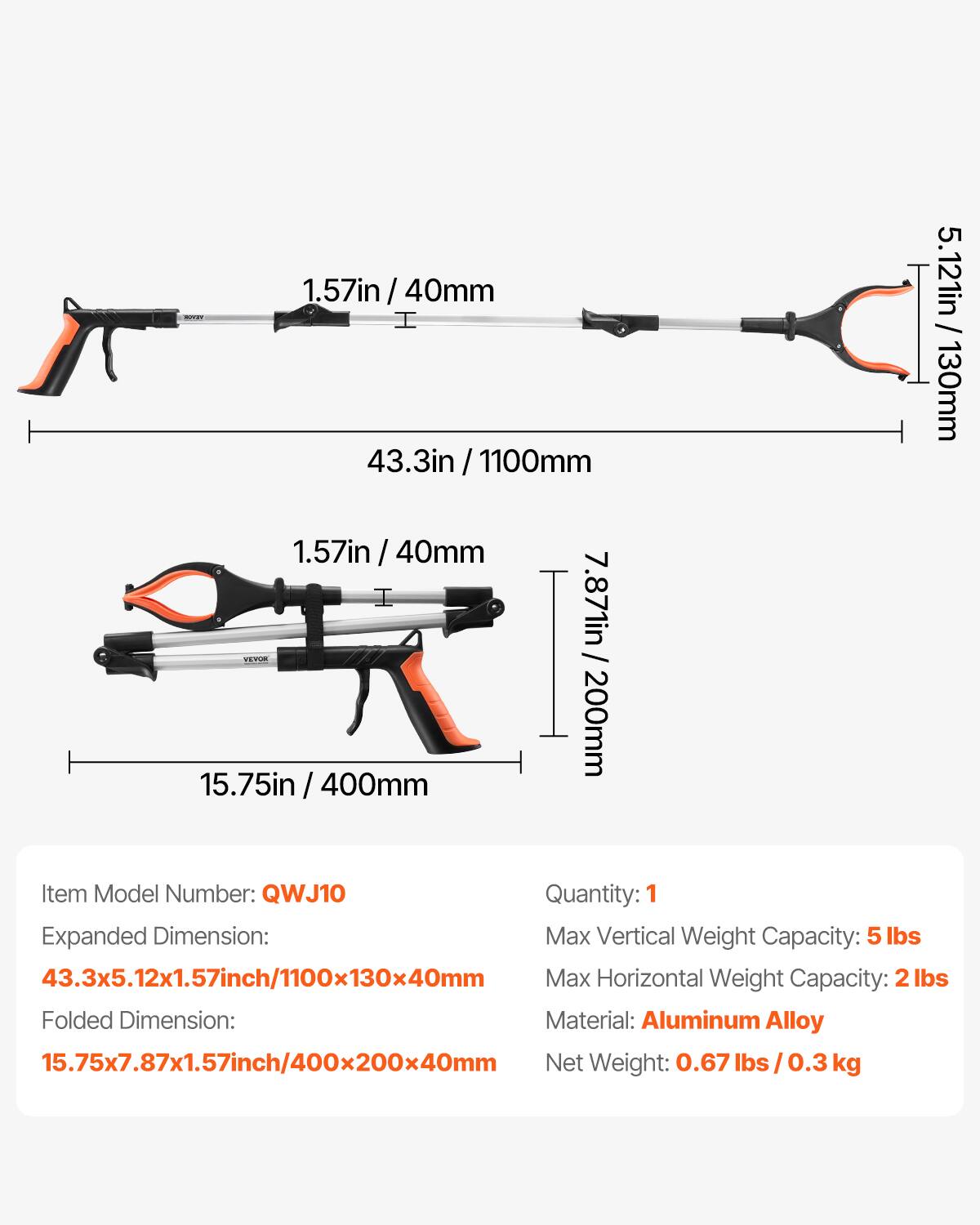 1.57in / 40mm  
43.3in / 1100mm  
5.121in / 130mm  
15.75in / 400mm  
7.871in / 200mm  

Item Model Number: QWJ10  
Quantity: 1  
Expanded Dimension: 43.3x5.12x1.57inch/1100x130x40mm  
Max Vertical Weight Capacity: 5 lbs  
Folded Dimension: 15.75x7.87x1.57inch/400x200x40mm  
Max Horizontal Weight Capacity: 2 lbs  
Material: Aluminum Alloy  
Net Weight: 0.67 lbs / 0.3 kg