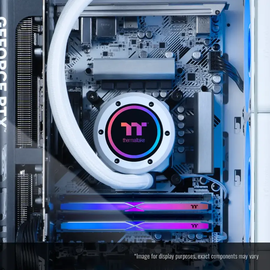 The image features a computer system with a GeForce DTV M P 1111e 0E T thermaltake GOC thermallake am SRL OLI R X  thermallake am. The system is displayed with a close-up view of the internal components, including the motherboard, RAM, and other components. The image is for display purposes, and the actual components may vary.