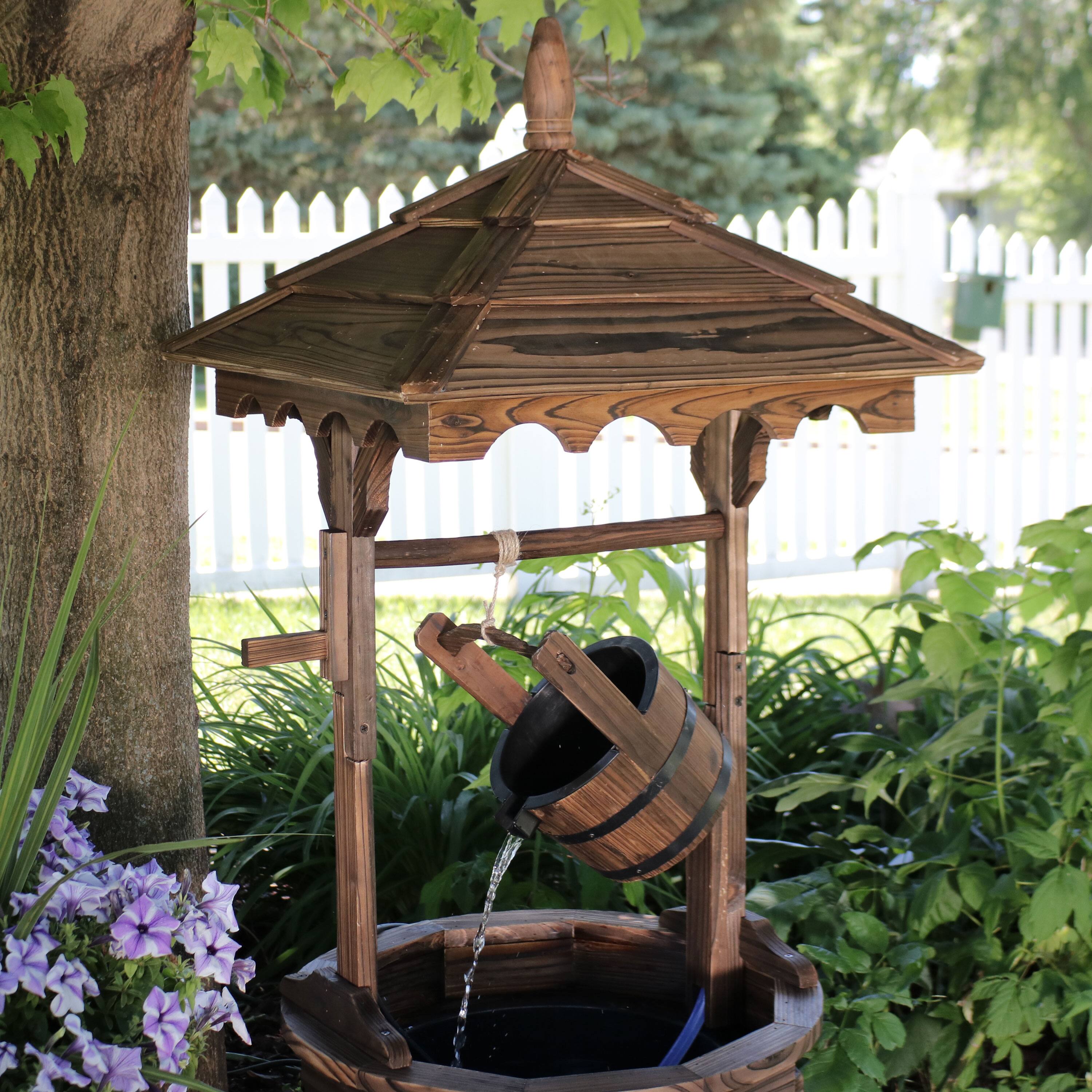 Alt View 4. Sunnydaze - Old-Fashioned Wood Wishing Well Water Fountain with Liner - 48 in - Brown.