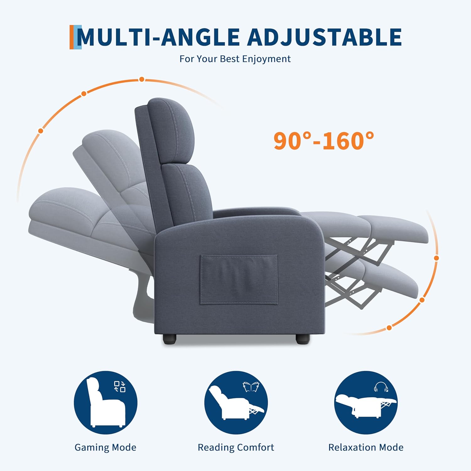 MULTI-ANGLE ADJUSTABLE  
For Your Best Enjoyment  

90°-160°  

Gaming Mode  
Reading Comfort  
Relaxation Mode