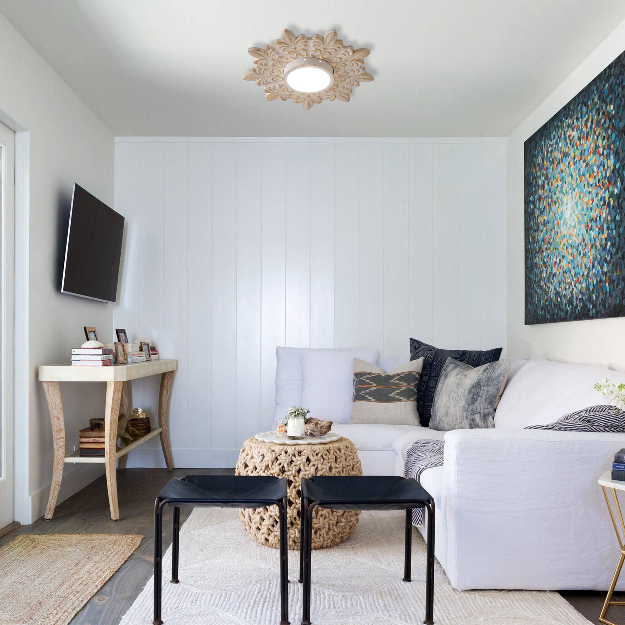 Angle. Parrot Uncle - 21.6 in. Boho Distressed White Wood Dimmable Flush Mount Ceiling Light - Distressed White.