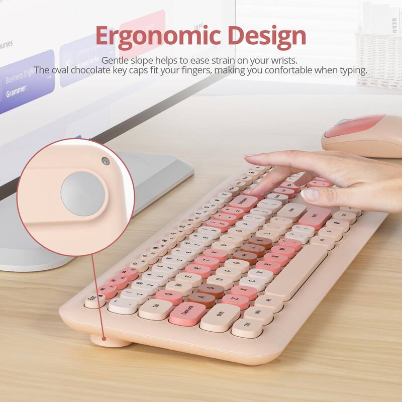 Ergonomic Design

Gentle slope helps to ease strain on your wrists.

The oval chocolate key caps fit your fingers, making you comfortable when typing.