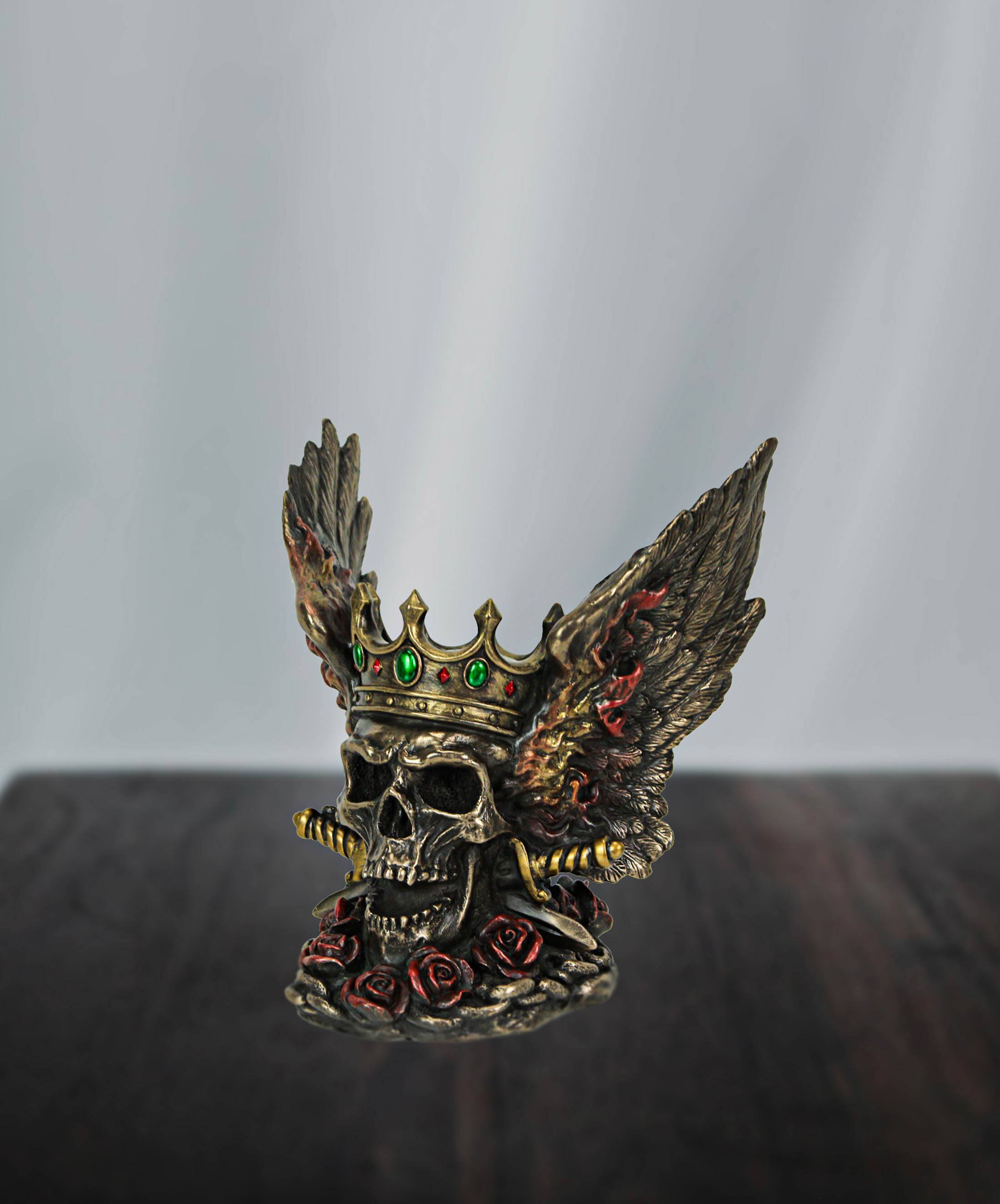 Alt View 3. Veronese Design - Bronze Finish Screaming Monarch Skull Statue With Flames and Wings 5.75 Inches High - Multicolored.