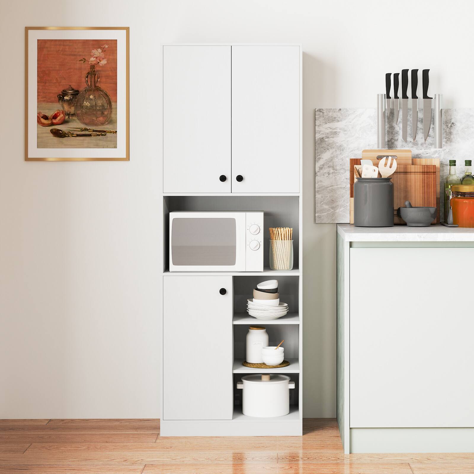Alt View 2. Costway - Kitchen Pantry Storage Cabinet 65.5" Tall Modern Hutch Cabinet with Microwave Stand - White.