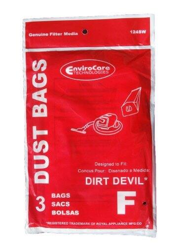 Media 1248W Genuine Filter Media  
EnviroCare TECHNOLOGIES  
DUST BAGS  
Designed to Fit: DIRT DEVIL*  
Pour: DIRT DEVIL*  
Disenado a Medida: DIRT DEVIL*  
3 BAGS  
3 SACS  
3 BOLSAS  
*REGISTERED TRADEMARK OF ROYAL APPLIANCE MFG. CO