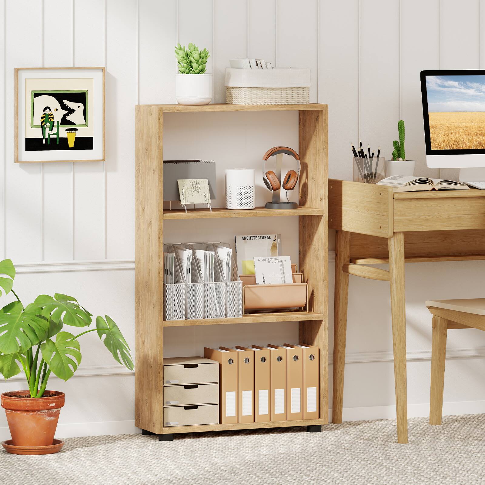 Alt View 3. Gymax - Gymax 42'' Bookshelf 3-Tier Bookcase w/Anti-Tipping Kit for Living Room Home Office Brown - Brown.