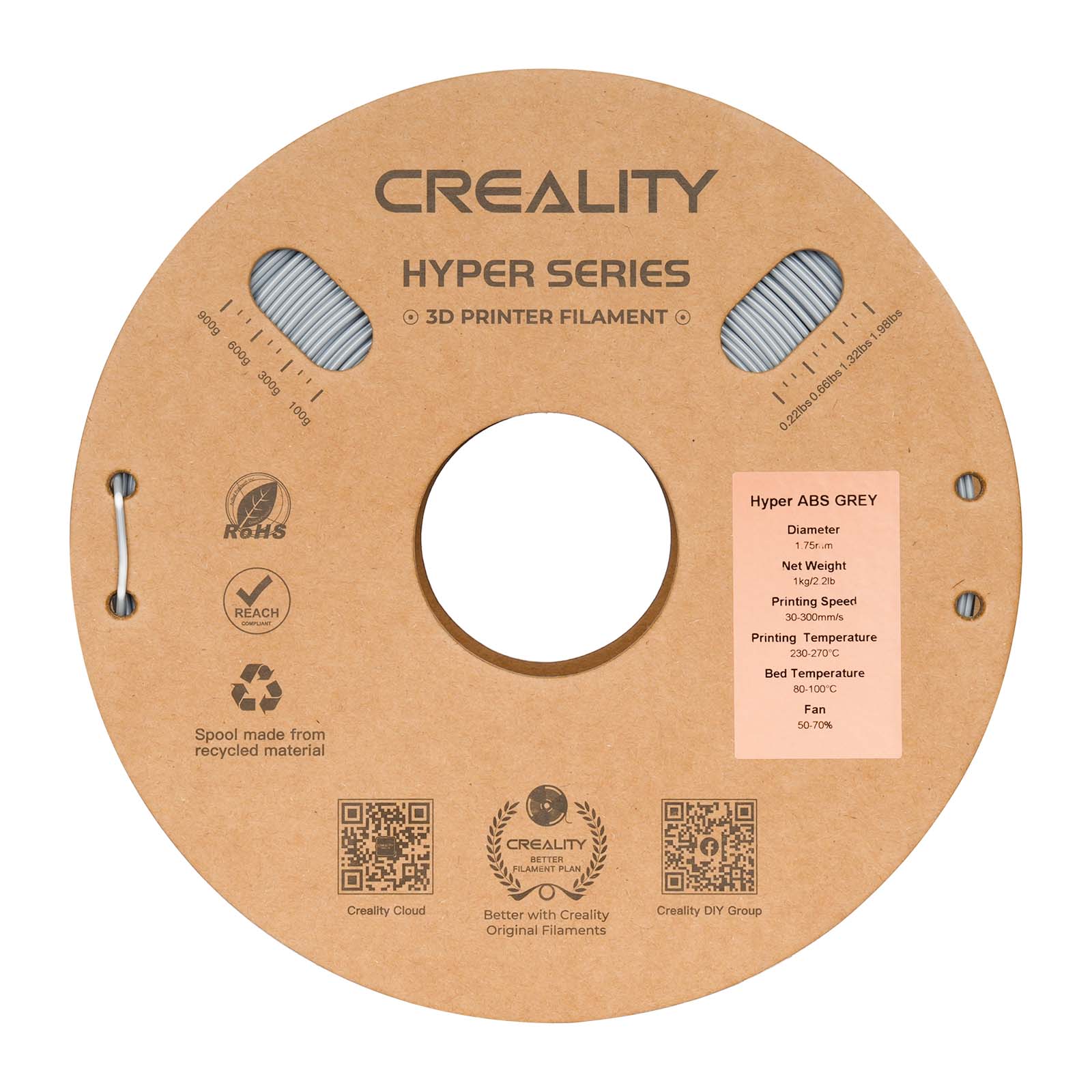 CREALITY HYPER SERIES 3D PRINTER FILAMENT 600g - 300g - 100g - 0.22lbs - R6HS Hyper ABS GREY - Diameter 1.75 PS - REACH Net Weight 2.2lbs - Printing Speed 30-300mm/s - Printing Temperature 230-270C - Bed Temperature 80-100C - Spool made from recycled material - Fan 50.70% - Creality Original Filaments - Creality DIY Group