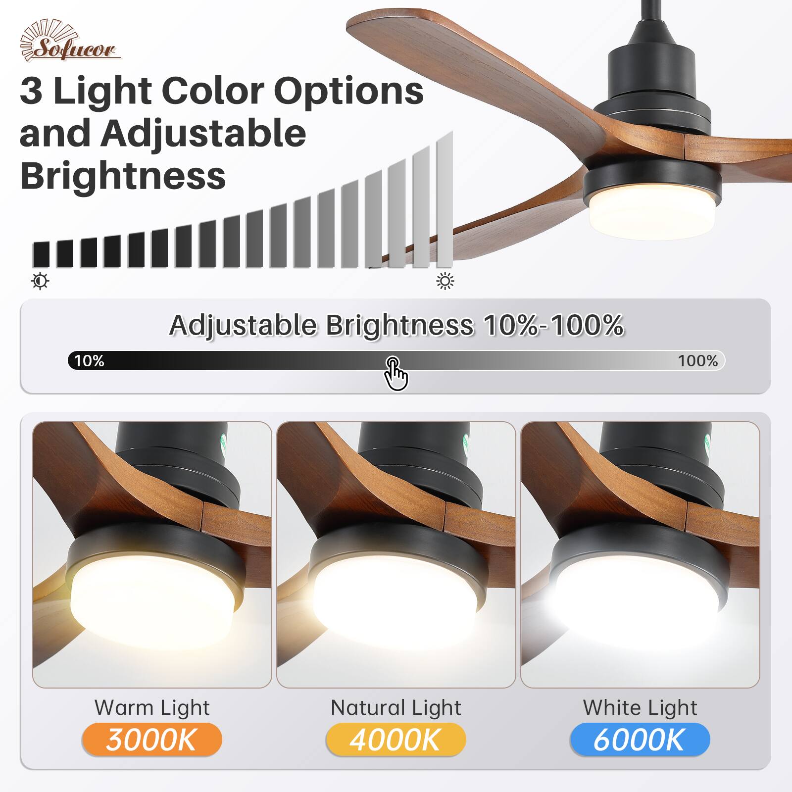 Sofucor

3 Light Color Options and Adjustable Brightness

Adjustable Brightness 10%-100%

Warm Light 3000K

Natural Light 4000K

White Light 6000K