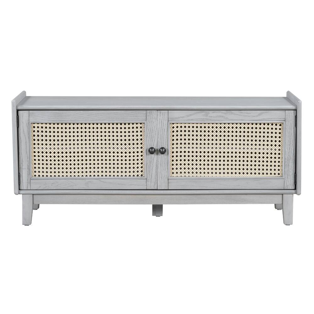 Alt View 2. Ropilly - Ropilly Boho Rattan Entryway Bench Cushioned Shoe Storage Bench with Double Doors Wooden Hallway Organizer Gray Wash - Gray Wash.