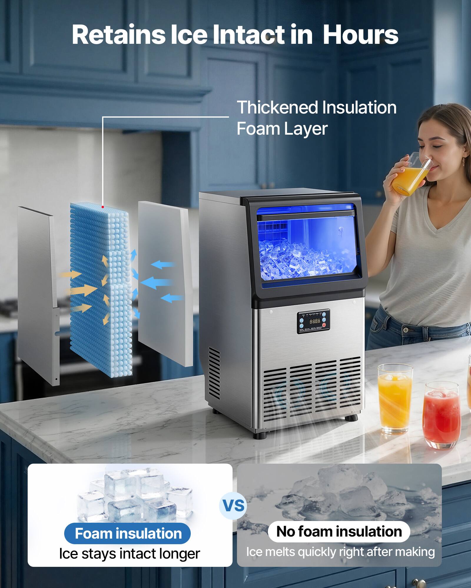 Retains Ice Intact in Hours

Thickened Insulation Foam Layer

Foam insulation  
Ice stays intact longer

VS

No foam insulation  
Ice melts quickly right after making