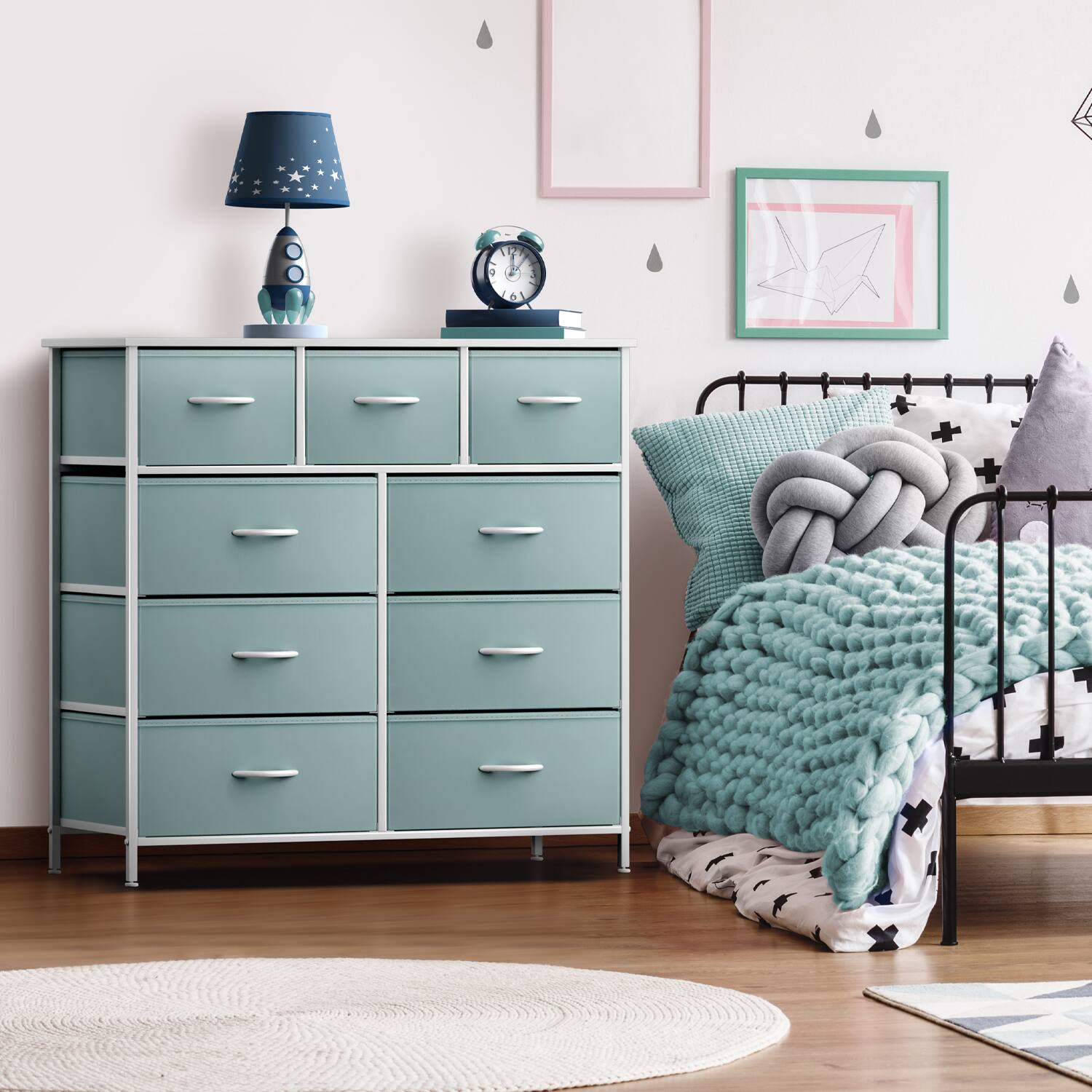 Angle. Sorbus - Sorbus 9 Drawers Dresser - Furniture Storage for Bedroom, Closet, and More - Steel Frame, Wood Top, Fabric Bins - Aqua.