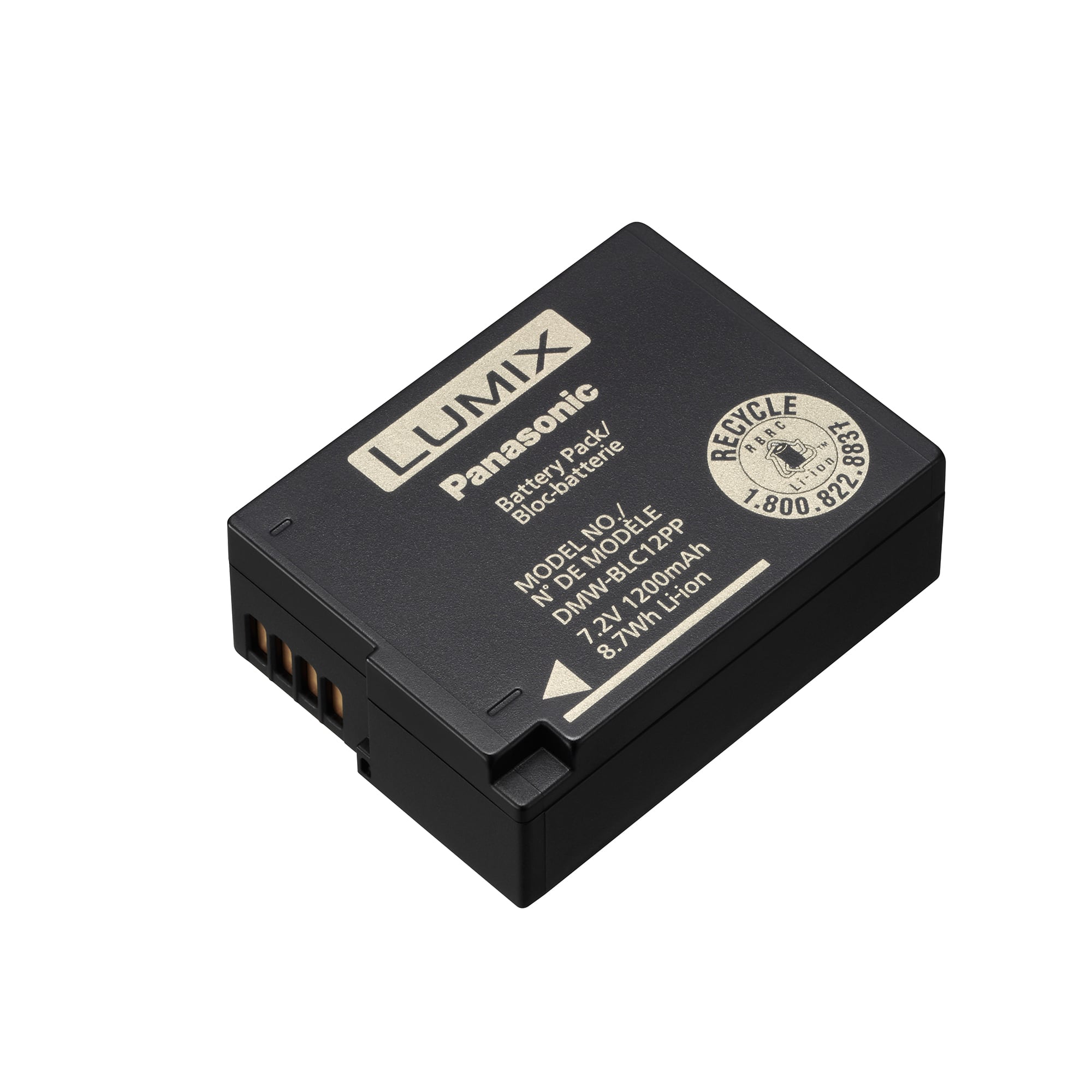 Lumix Battery Bloc-batterie Pack/ RECYCLE RERC Li-ion 8837 J 1.800.822 800 822 . NO./ E MODEL DMW-BLC12PP MODELE N DMW DE 1200mAh Li-ion 7 .2V 8.7Wh