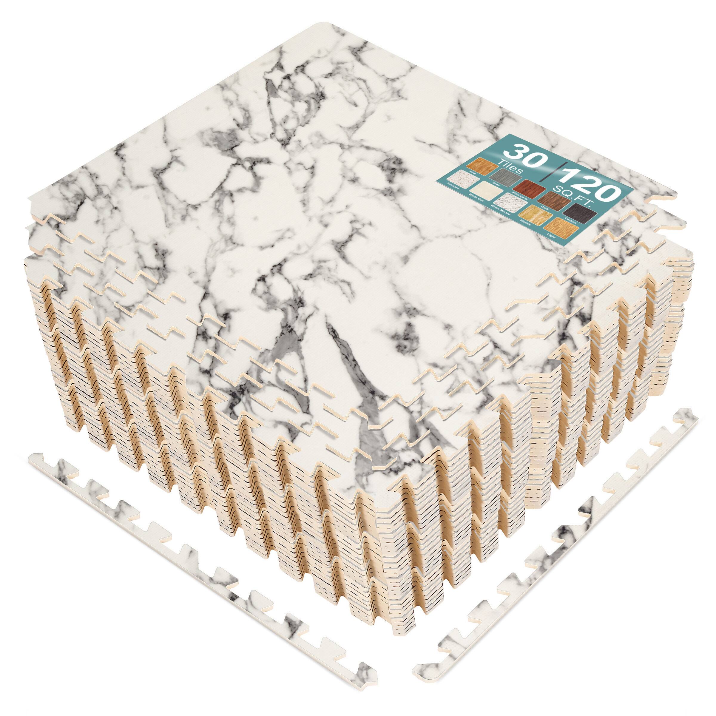 Sorbus - 3/8-Inch Thick 120 Sq. Ft. Wood Grain Floor Foam EVA Interlocking Mats Tiles w/ Borders - for Home, Trade Show - Marble White