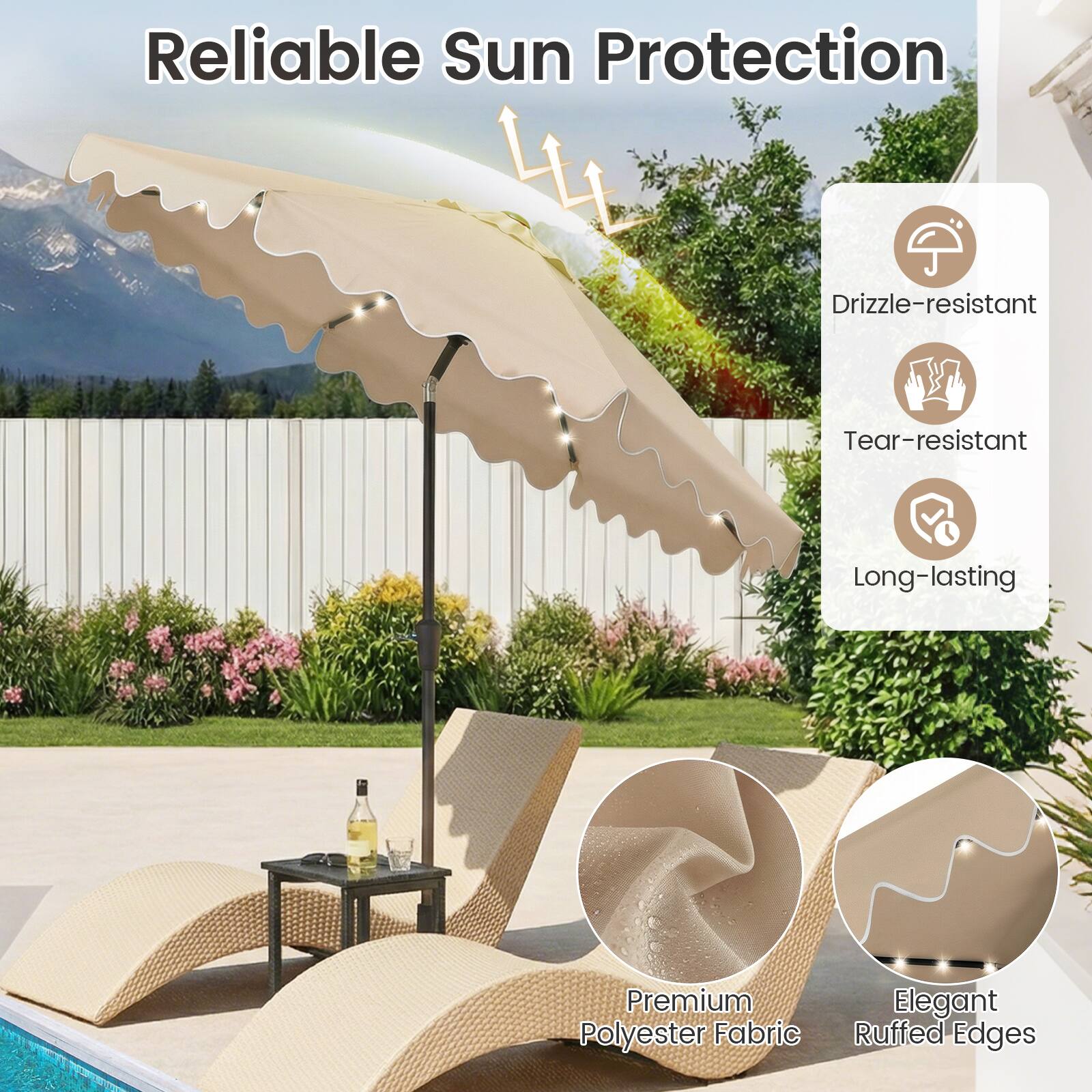 Reliable Sun Protection  
Drizzle-resistant  
Tear-resistant  
Long-lasting  
Premium Polyester Fabric  
Elegant Ruffled Edges