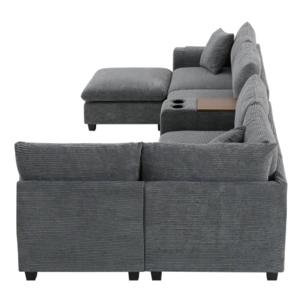 Alt View 6. LUCKY ONE - 139" U-Shape Modular Corduroy Sectional Sofa w/ Console USB Charger Storage Ottoman - Gray.
