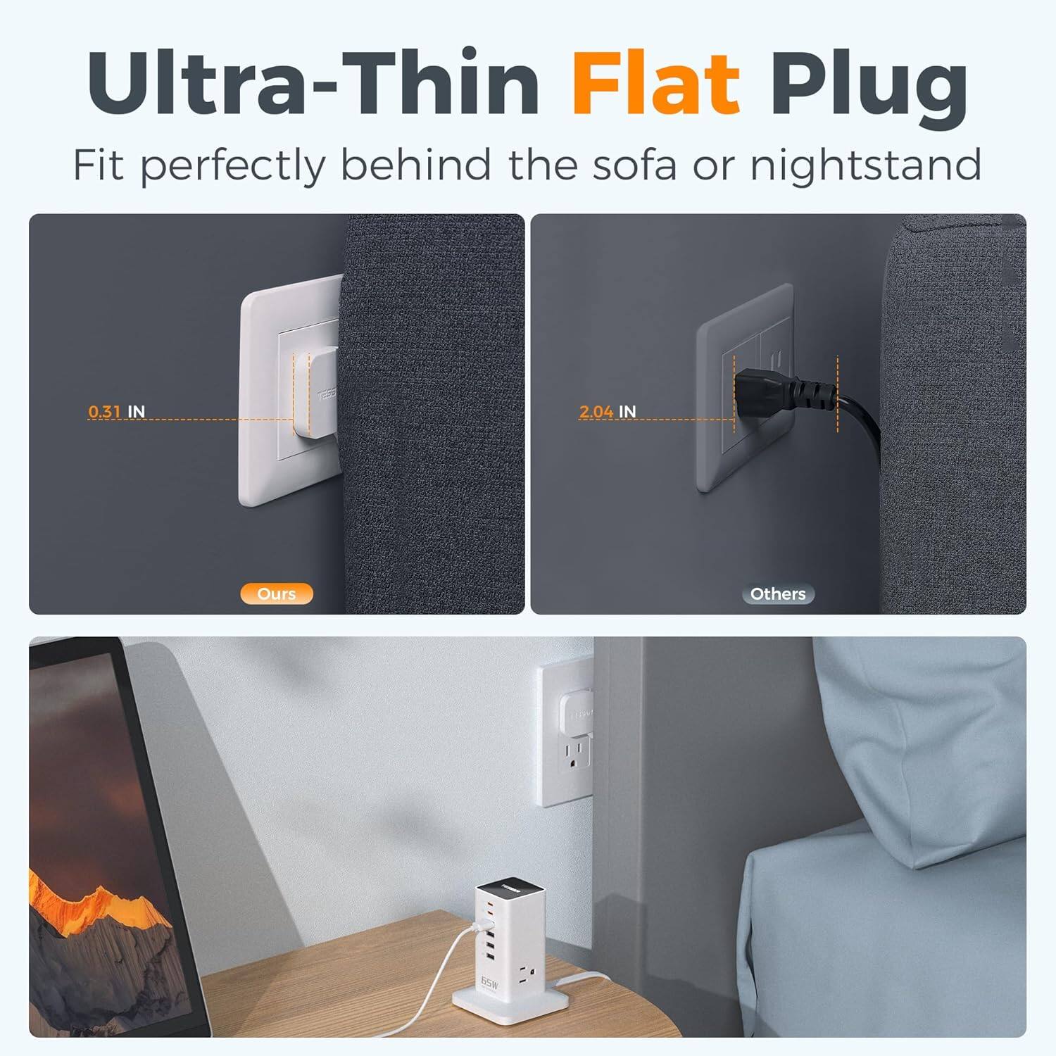 Ultra-Thin Flat Plug  
Fit perfectly behind the sofa or nightstand  

0.31 IN  
2.04 IN  

Ours  
Others