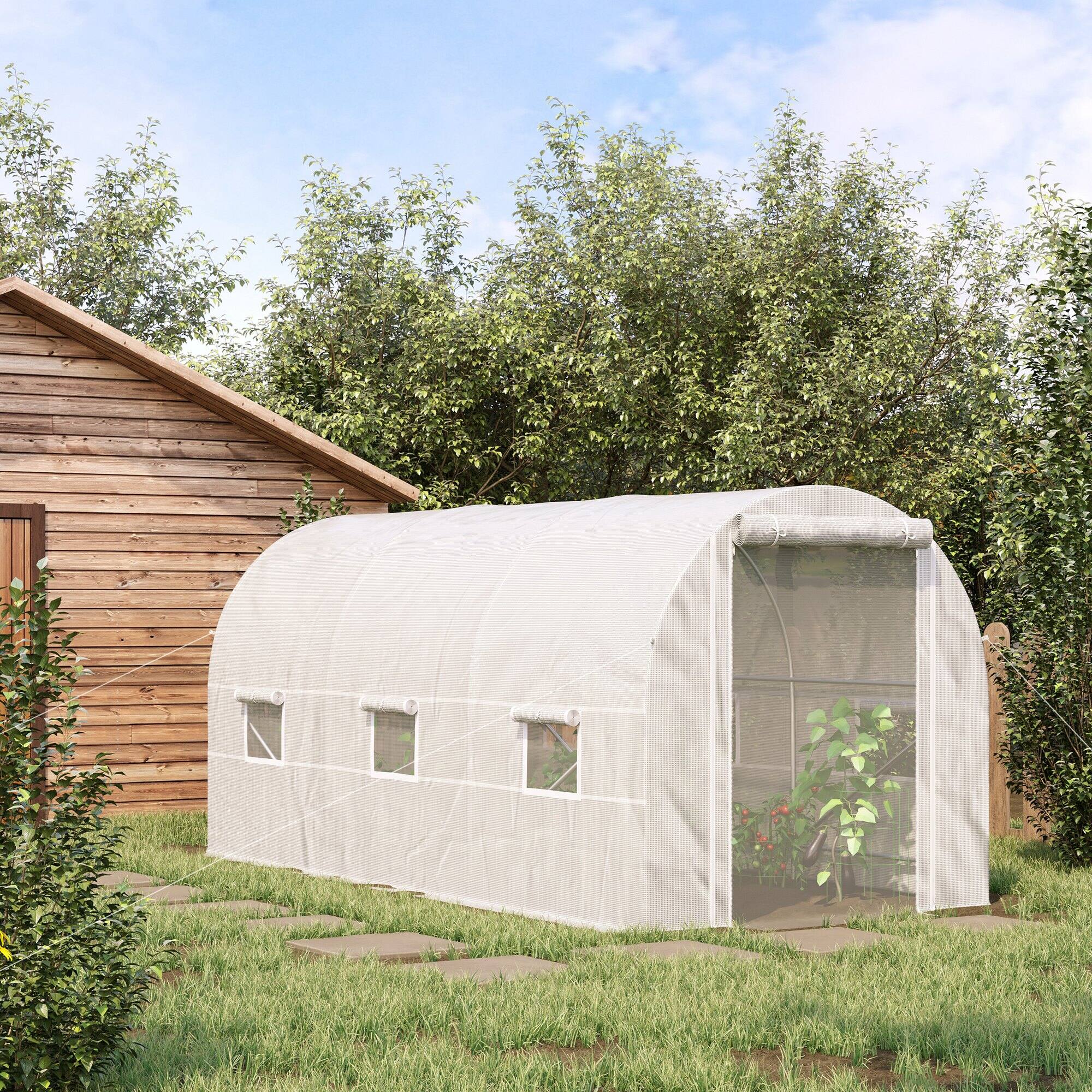 Alt View 1. Outsunny - 14.6' x 6.6' x 6.6' Walk-In Tunnel Greenhouse, Large Garden Hot House Kit with 6 Roll-up Windows & Roll Up Door - White.