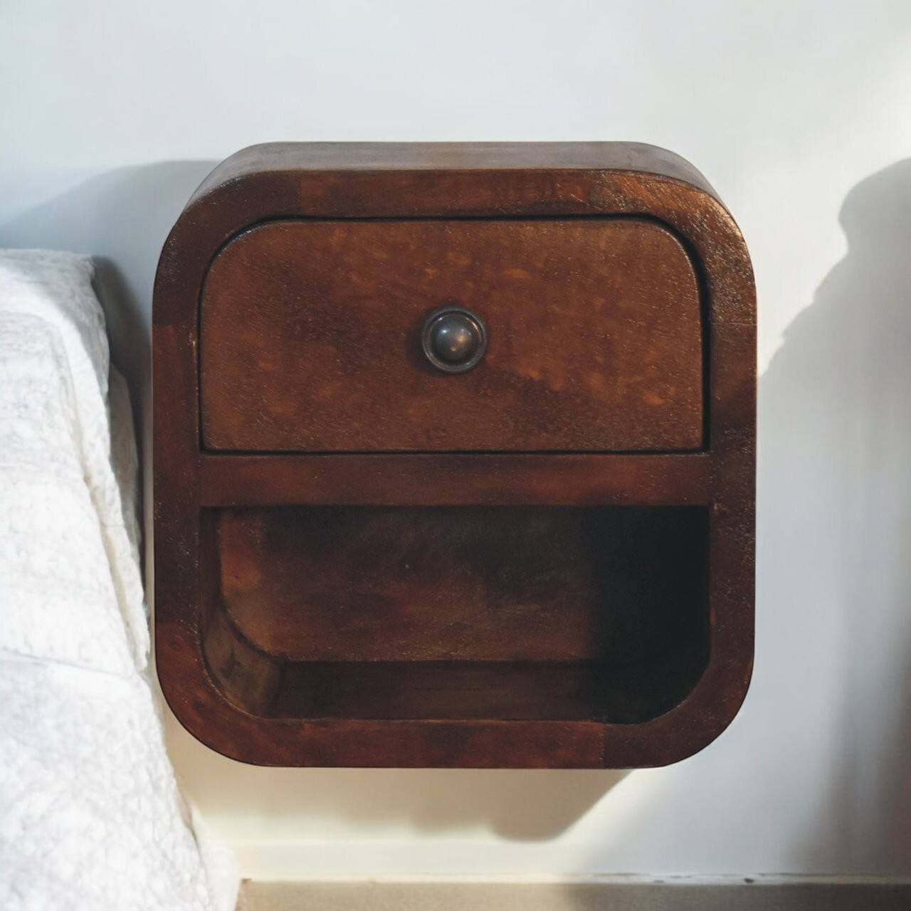 Angle. Artisan Furniture - Artisan Furniture Solid Wood Extra Mini Curved Chestnut Bedside with Open Slot, 1 Drawer, Dark Brown - Dark Brown.