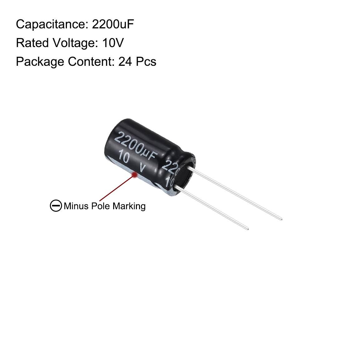 Capacitance: 2200uF  
Rated Voltage: 10V  
Package Content: 24 Pcs  

2200uF 10 V 220 10  

Minus Pole Marking