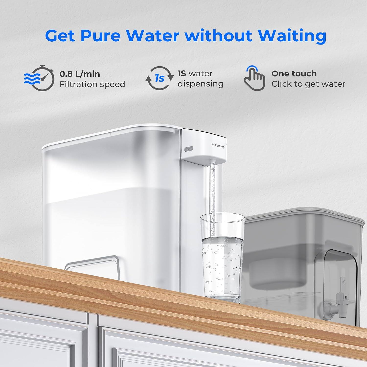 Get Pure Water without Waiting

0.8 L/min Filtration speed

1s water dispensing

One touch Click to get water