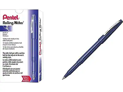 Pentel Rolling Writer
Medium Moyen Mediano
12 blue ink medium line roller ball pens
12 stylos à bille roulante trait moyen encre bleue
12 de trazas azul plumas a bola de tinta media
12 de trazas azul plumas a bola de tinta media
The roller ball pen with a collapsible ball tip that adjusts to the writer's writing style.
Le stylo à bille roulante avec pointe à bille souple s'ajustant au style d'écriture de l'utilisateur.
El bolígrafo con una punta redonda ajustable que se adapta al estilo de escritura del usuario.
Medium Moyen Mediano