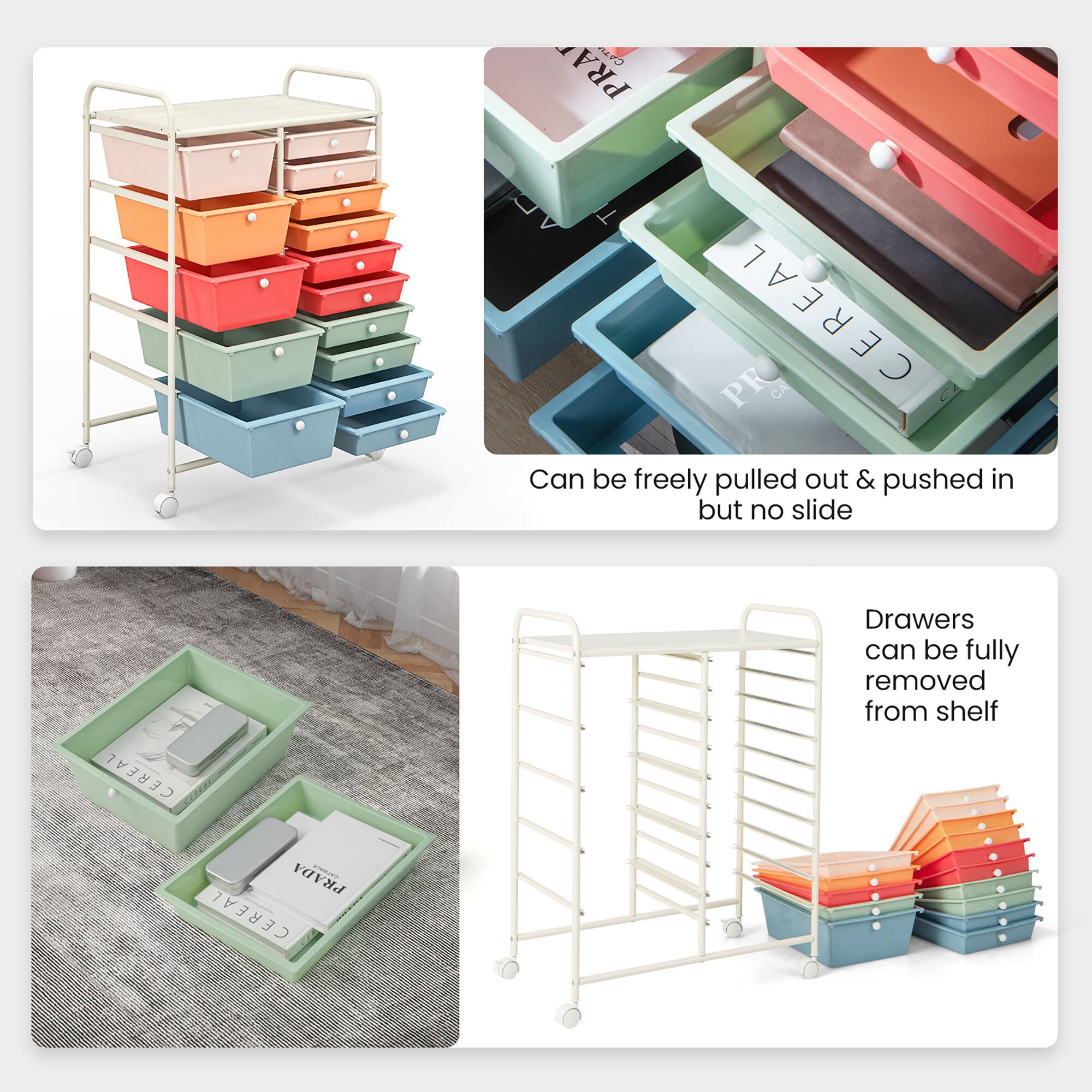 - Can be freely pulled out & pushed in but no slide
- Drawers can be fully removed from shelf