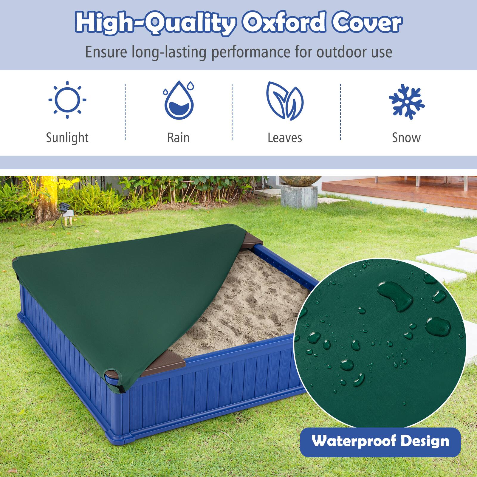 High-Quality Oxford Cover  
Ensure long-lasting performance for outdoor use  

Sunlight  
Rain  
Leaves  
Snow  

Waterproof Design