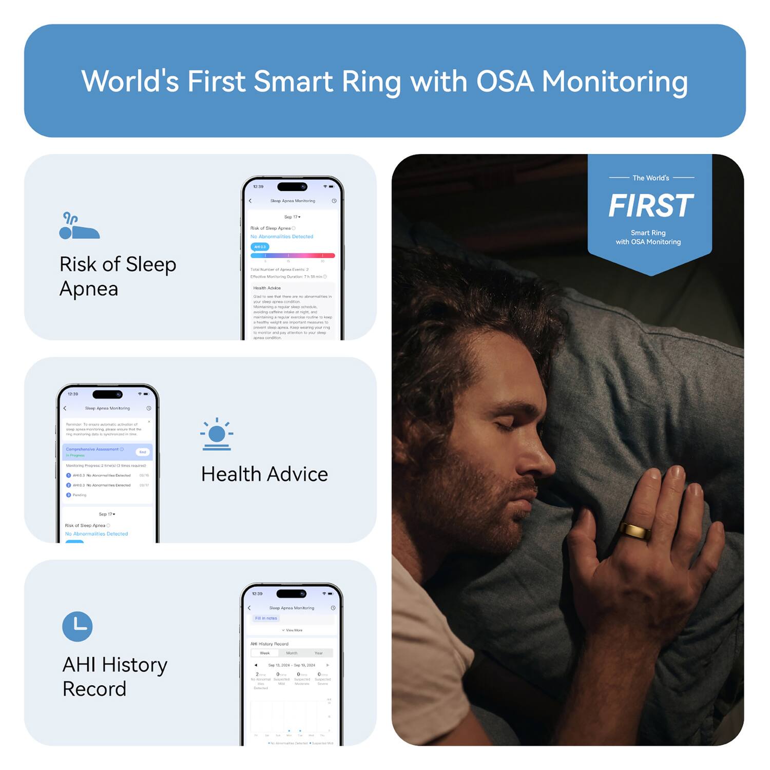 World's First Smart Ring with OSA Monitoring

Risk of Sleep Apnea

Health Advice

AHI History Record
