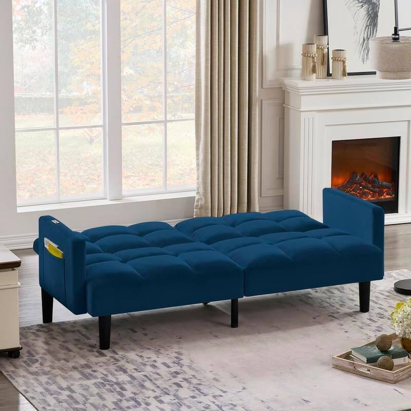 Alt View 4. Trinkets Crazed - Velvet Futon Couch Convertible Folding Sofa Bed Tufted Couch for Apartment  - blue.