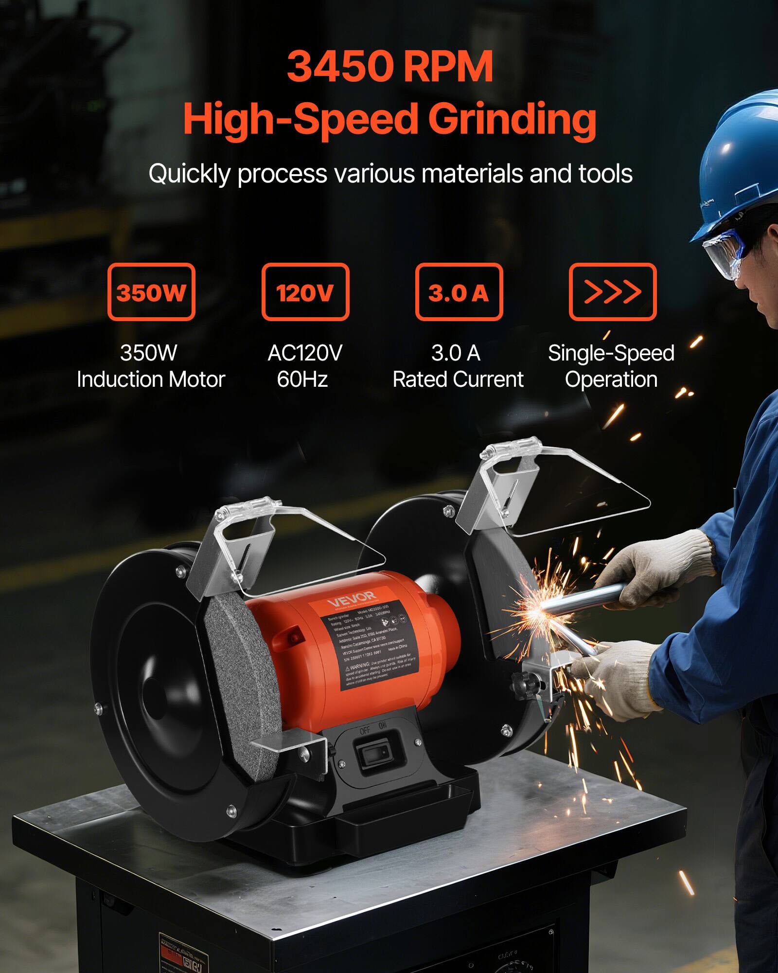 3450 RPM High-Speed Grinding Quickly process various materials and tools

350W
120V
3.0A
350W Induction Motor
AC120V 60Hz
3.0 A Single-Speed Rated Current Operation

VEVOR - - LOOMPA 10% AU keep. - shat - a  Samer 14 rul. APIR   YOU 191 n - DEXNEY skymers any -
OFF